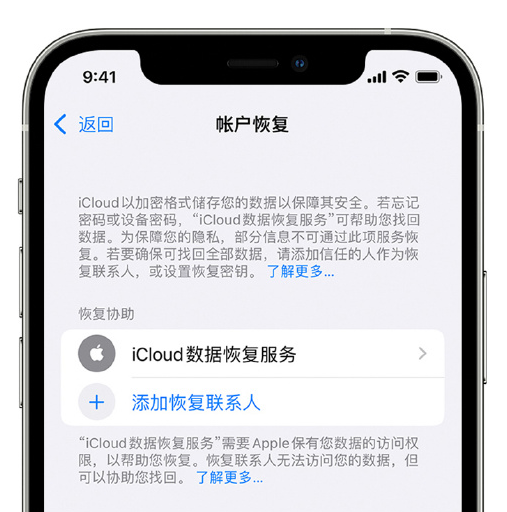 阳城苹果手机维修分享在 iPhone 上设置帐户恢复联系人的方法 