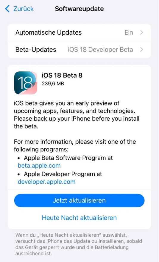 阳城苹果手机维修分享苹果 iOS / iPadOS 18 开发者预览版 Beta 8 发布 